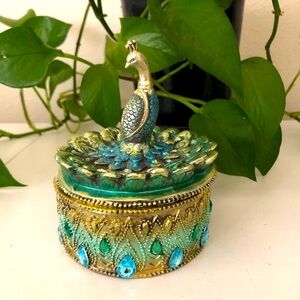 PEACOCK Bejeweled Enameled Keepsake Golden Jewelry trinket box